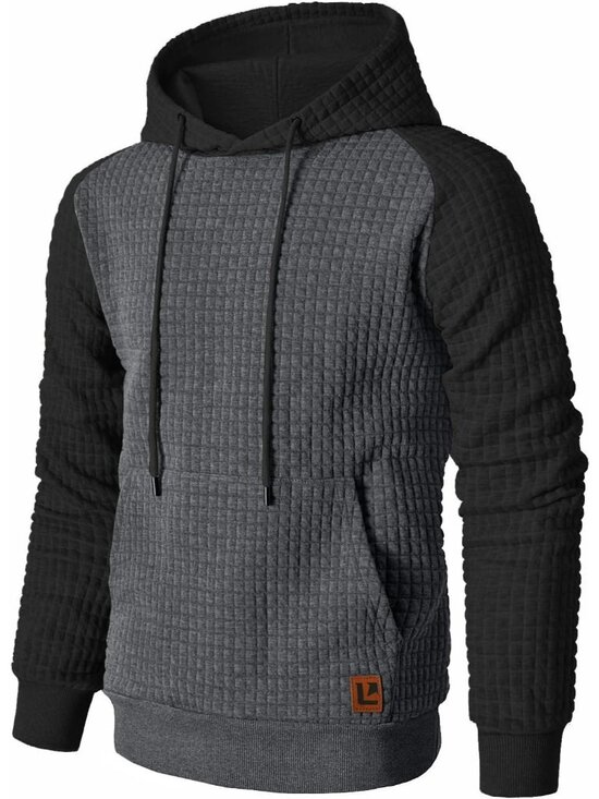 Other - Men Dark Grey Black Pullover Casual Long Sleeve Patchwork Plaid Jacquard Hoodies